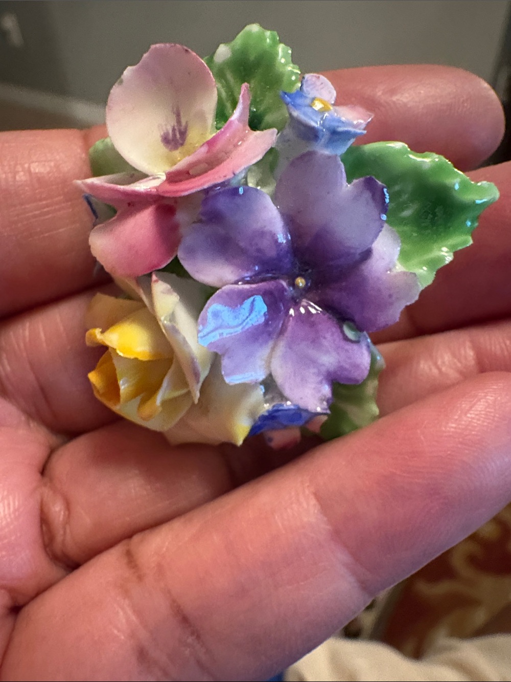 Porcelain Floral Brooch with Pink, Purple, Yellow & Green Flowers
